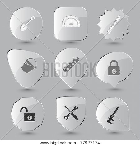 Industrial tools set. Vector glass buttons.