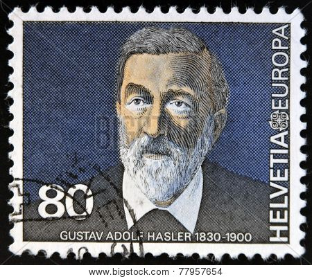 SWITZERLAND - CIRCA 1980: A stamp printed in Switzerland shows Gustav Adolf Hasler circa 1980