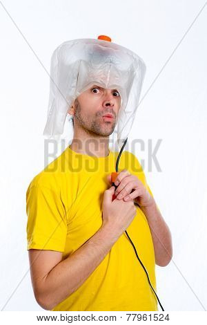 crazy white man man with hair dryer