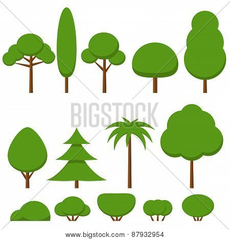 Set of flat green tree and bushes