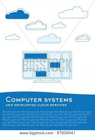 illustration with computer and clouds made from blue lines and plce for text