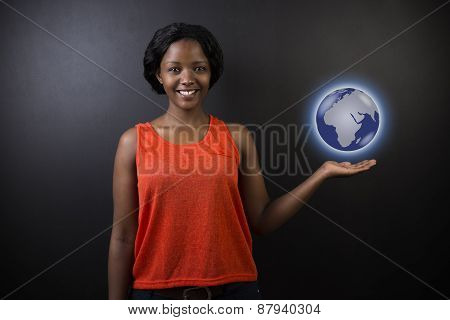 South African Or African American Woman Teacher Or Student Holding World Earth   Globe