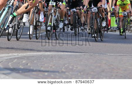 Vicenza, Vi, Italy - April 12, 2015: Cyclists Run On Racing Bikes During Cycle Road Race