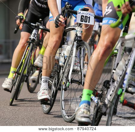 Vicenza, Vi, Italy - April 12, 2015: Cyclists Run On Racing Bikes During Cycle Road Race