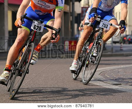 Vicenza, Vi, Italy - April 12, 2015: Cyclists Run On Racing Bikes During Cycle Road Race