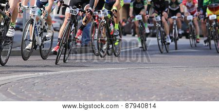 Vicenza, Vi, Italy - April 12, 2015: Cyclists Run On Racing Bikes During Cycle Road Race