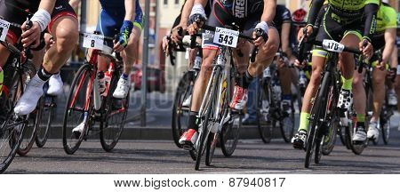 Vicenza, Vi, Italy - April 12, 2015: Cyclists Run On Racing Bikes During Cycle Road Race