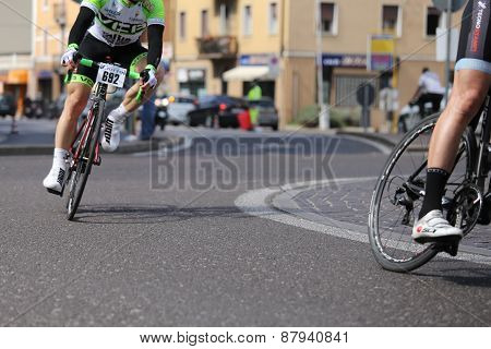 Vicenza, Vi, Italy - April 12, 2015: Cyclists Run On Racing Bikes During Cycle Road Race