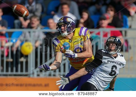 VIENNA, AUSTRIA - APRIL 27, 2014: Stefan Postel (#19 Vikings) catches the ball.
