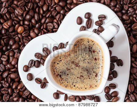 White Coffee Cup Heart Shaped With Cappucino