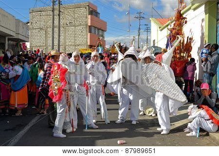 Latacunga, Ecuador 30 September, 2012: Unidentified Participants of la Fiesta de la Mama Negra traditional festival dressed as angels.