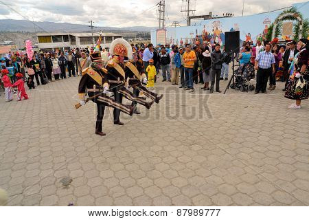 Latacunga, Ecuador 01 October, 2012: Participants dressed as soldiers march at La Fiesta de la Mama Negra traditional festival, which is a mixture of indigenous, Spanish and African influences.
