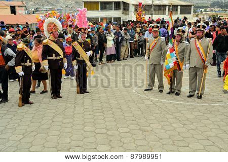 Latacunga, Ecuador 01 October, 2012: Participants dressed as soldiers march at La Fiesta de la Mama Negra traditional festival, which is a mixture of indigenous, Spanish and African influences.