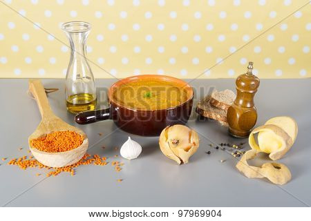 Home made vegetarian lentil soup with ingredients