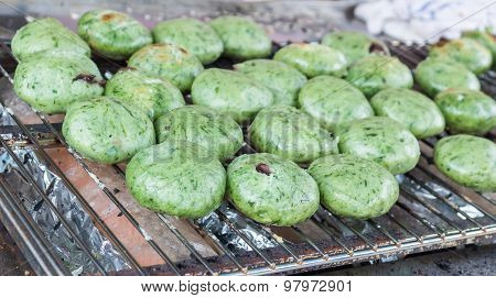 Roasted Green Tea Steamed Stuff Bun On Oven .