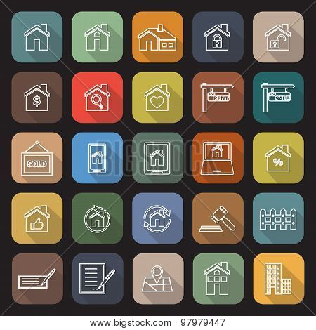 Real Estate Line Flat Icons With Long Shadow