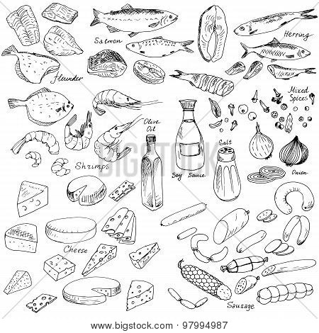 meat,fish and cheese, food set