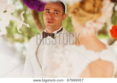 Beautiful  Gorgeous Blonde Bride With Orchids And Stylish Groom, Hawai Colorful Ceremony  On Cyprus