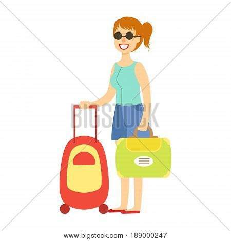 Young tourist woman traveling with luggage. Summer vacation. Colorful cartoon character isolated on a white background