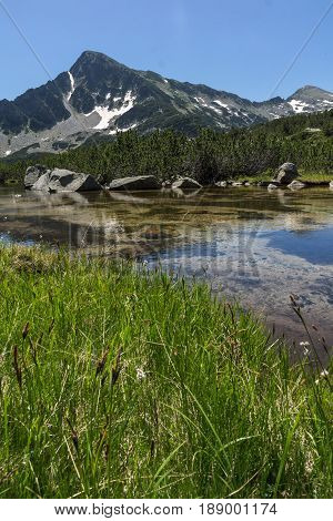 Landscape with Reflection of Sivrya peak in Banski lakes, Pirin Mountain, Bulgaria