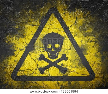 Skull and bones warning sign on black wall