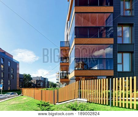 Vilnius, Lithuania - September 30, 2016: Fence at Modern architectural complex of apartment residential buildings. And outdoor facilities.