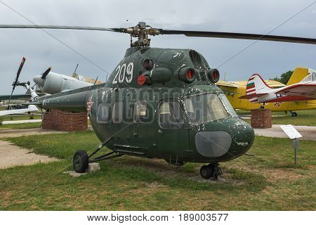 KRUMOVO, PLOVDIV, BULGARIA - 29 APRIL 2017:  Transport helicopter Mil Mi-8 in Aviation Museum near Plovdiv Airport, Bulgaria