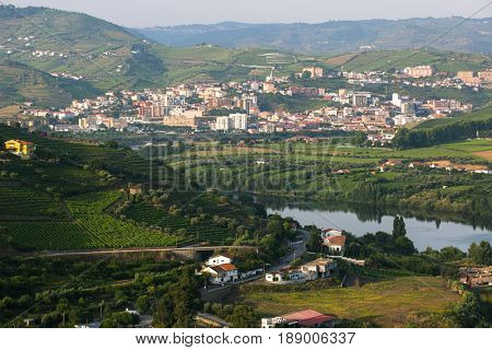 Top view of Douro river and Peso da Regua city, northern Portugal. 