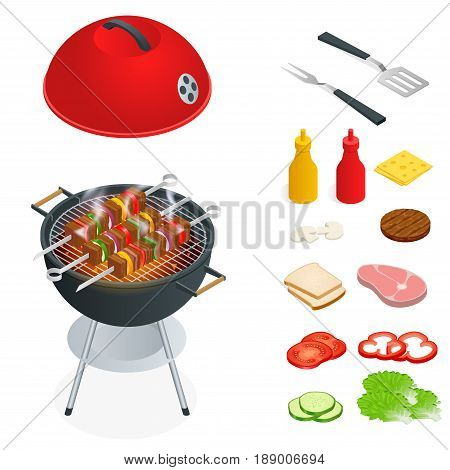 Barbecue design elements. Grill summer food. Picnic cooking device. Flat isometric illustration. Family weekend. BBQ is both a cooking method and an apparatus