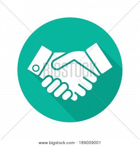 Handshake flat design long shadow icon. Business partnership. Negotiations. Vector silhouette symbol