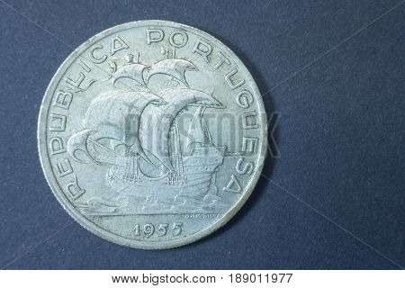 Ten Escudos 1955 Portugal Head Coin, Vintage Antique Old, Difficult And Rare To Find. Ship Sailing.