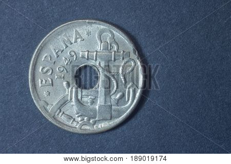 Spain Fifty Centimos 1949 Head Coin, Vintage Antique Old, Difficult And Rare To Find. Anchor.
