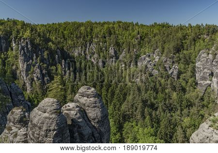 Big rocks near Bastei bridge in valley of river Elbe or Labe in spring sunny day