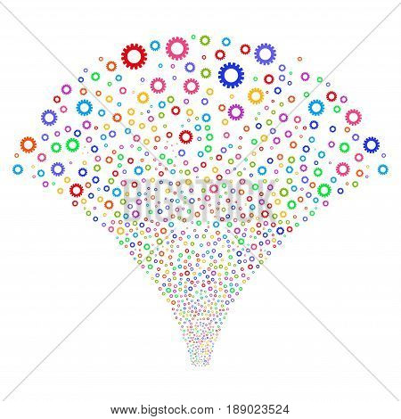 Gear salute stream. Vector illustration style is flat bright multicolored iconic symbols on a white background. Object explosion fountain constructed from random symbols.