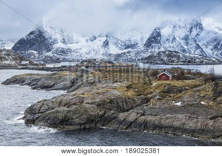 Travel concepts and Ideas. Picturesque Breathtaking View of Reine at Lofoten Islands Shot from Upper Point. Horizontal Image