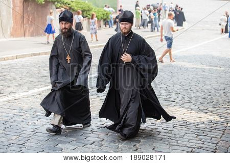 KIEV UKRAINE - JULY 27 2016 : Parishioners Ukrainian Orthodox Church Moscow Patriarchate during religious procession. At present there is undeclared war of Kiev Patriarchate and Moscow Patriarchate