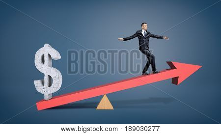 A businessman balancing on a red arrow seesaw with a grey cement USD sign overweighing him. Business growth. New business prospects. Export vs import.