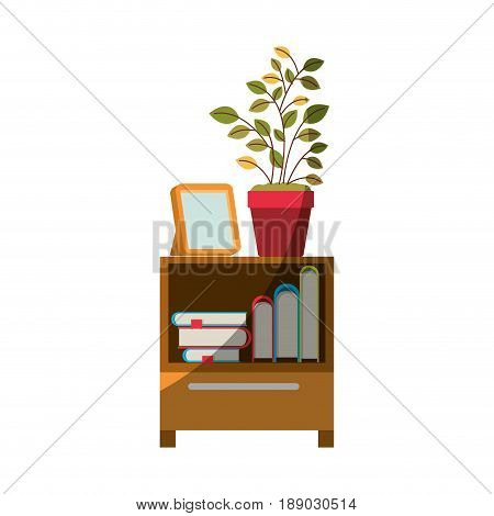 colorful graphic of decorative cabinet table with books and plantpot without contour and half shadow vector illustration