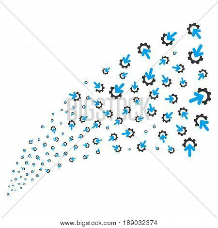 Gear Integration source stream. Vector illustration style is flat blue and gray iconic symbols on a white background. Object explosion fountain combined from randomized pictographs.
