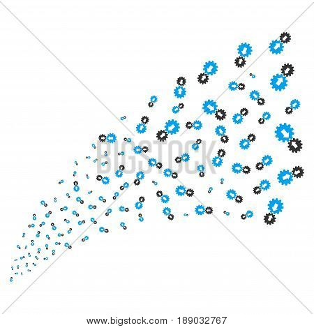 Integration source stream. Vector illustration style is flat blue and gray iconic symbols on a white background. Object explosion fountain combined from scattered pictograms.