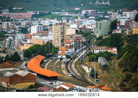Top view of railway station of Peso da Regua, northern Portugal.