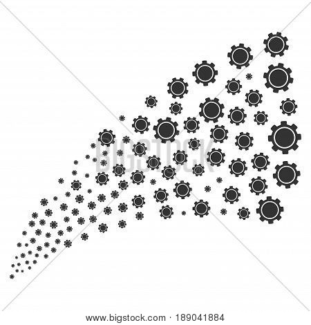 Gear source stream. Vector illustration style is flat gray iconic symbols on a white background. Object explosion fountain made from randomized symbols.
