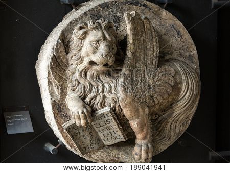PADUA ITALY - MAY 3 2016: Venetian Lion in Civic Museum of the Hermits. Padua Italy
