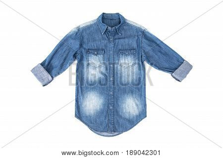 Blue denim jean shirt with rolled up sleeves - isolated on white background