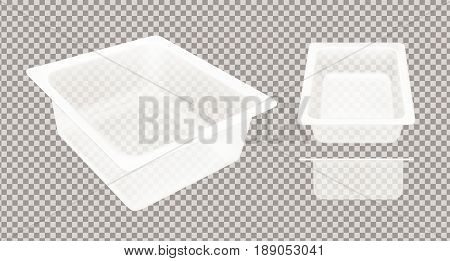 Transparent empty plastic container for cheese. Packaging for meat, fish and vegetables.