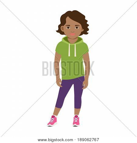 Black girl in a green hoodie isolated vector illustration on white background