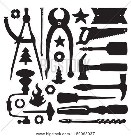 Sketched Vector Carpenter Tools And Symbols Set