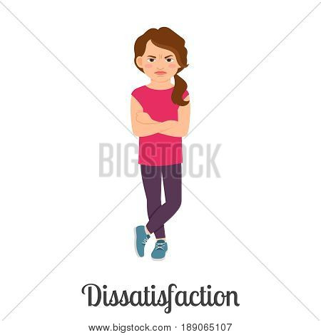 Cartoon little girl dissatisfaction feeling isolated on white background. Vector illustration