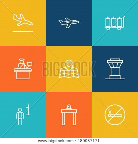 Set Of 9 Plane Outline Icons Set.Collection Of No Smoking, Airport Security, Passport Controller And Other Elements.