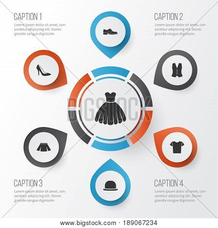 Garment Icons Set. Collection Of Elegance, Heel Footwear, Stylish Apparel And Other Elements. Also Includes Symbols Such As Shirt, Woman, Sarafan.